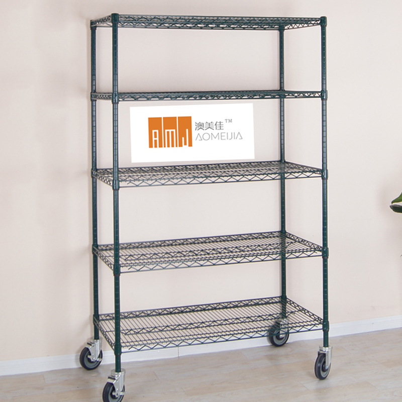 Carbon steel dark green wire mesh cart finishing rack storage shelves